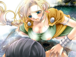 Rule 34 | 1boy, 1girl, bianca (dq5), blonde hair, blue eyes, blush, braid, breasts, cape, censored, dragon quest, dragon quest v, dress, earrings, hero (dq5), hetero, huge breasts, jewelry, long hair, nipples, non-web source, penis, see-through, sex, single braid, vaginal, water, wet, wet clothes