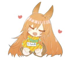 Rule 34 | 1girl, animal ears, arknights, blush, bow, brown hair, brown jacket, ceobe (arknights), commentary, cropped legs, dog ears, closed eyes, fang, green bow, hands up, heart, holding, jacket, long hair, niteenet, open mouth, simple background, skin fang, solo, translated, upper body, white background