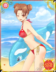 Rule 34 | 1girl, beach, bikini, brown eyes, brown hair, cloud, double bun, inflatable orca, inflatable toy, inflatable whale, looking at viewer, naruto, naruto (series), ocean, outdoors, side-tie bikini bottom, sky, solo, swimsuit, tenten (naruto), wink