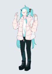 Rule 34 | 1girl, ahoge, aqua hair, aqua nails, baozi, black footwear, black pants, boots, commentary, covered face, cross-laced footwear, down jacket, facing up, food, food on face, grey background, hair ornament, hands up, hatsune miku, highres, jacket, kaimo (mi6kai), lace-up boots, long hair, nail polish, open mouth, pants, shirt, solo, twintails, very long hair, vocaloid, white jacket, white shirt