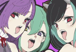 Rule 34 | 3girls, black outline, blunt bangs, bow, bowtie, brown horns, commentary request, demon girl, demon horns, facial mark, fang, grey horns, hair between eyes, heart, heart facial mark, heterochromia, horns, long bangs, long hair, looking at viewer, medium bangs, multiple girls, nanashi inc., open mouth, outline, panyatteria, purple background, purple eyes, red bow, red bowtie, red eyes, sekishiro mico, shishio chris, shisui kiki, short hair, simple background, teeth, tongue, tongue out, upper body, upper teeth only, virtual youtuber, yellow eyes