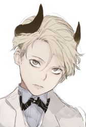 Rule 34 | 1boy, black bow, black bowtie, blonde hair, bow, bowtie, closed mouth, grey eyes, head tilt, highres, hiranko, horns, jacket, looking at viewer, male focus, original, protected link, shirt, simple background, solo, upper body, white background, white jacket, white shirt