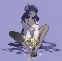 Rule 34 | 1girl, absurdres, bare shoulders, black bra, black thighhighs, blue background, bra, breasts, cleavage, commentary request, feet, flower, full body, genshin impact, hair flower, hair ornament, highres, long hair, looking at viewer, medium breasts, no shoes, off shoulder, purple eyes, purple flower, purple hair, raiden shogun, shirt, signature, simple background, sitting, solo, suggestive fluid, thighhighs, underwear, very long hair, white shirt, yellow flower, zhanghengczkd