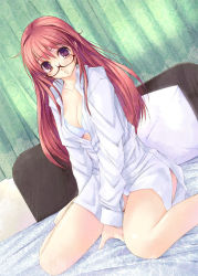 Rule 34 | 1girl, barefoot, bed, between legs, bra, breasts, cleavage, dress shirt, dutch angle, glasses, hand between legs, indoors, kirishima satoshi, large breasts, lingerie, long hair, looking at viewer, no pants, open clothes, open shirt, original, panties, parted lips, pillow, red-framed eyewear, red eyes, red hair, semi-rimless eyewear, shirt, sitting, solo, under-rim eyewear, underwear, wariza, white bra, white panties, white shirt