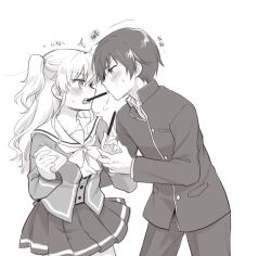 Rule 34 | 1boy, 1girl, puff of air, ^^^, awkward, blush, charlotte (anime), commentary, cowboy shot, embarrassed, food, food in mouth, from side, hair between eyes, half updo, hetero, holding, holding food, holding hands, holding pocky, hoshinoumi academy school uniform, jitome, leaning forward, long hair, long sleeves, miniskirt, misaki juri, monochrome, otosaka yuu, pleated skirt, pocky, pocky day, pocky in mouth, pocky kiss, profile, sailor collar, school uniform, shared food, short hair, sidelocks, simple background, skirt, sound effects, standing, surprised, sweatdrop, teeth, tomori nao, upper teeth only, v-shaped eyebrows, wavy hair, white background, white sailor collar