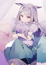 Rule 34 | 1girl, absurdres, animal ears, bedroom, blush, dress, embarrassed, feet out of frame, highres, horse ears, horse girl, horse tail, light purple hair, long hair, looking at viewer, mejiro mcqueen (umamusume), hugging object, pajamas, parted lips, pillow, pillow hug, purple eyes, solo, swept bangs, tail, umamusume, usukawa (uskw sr)