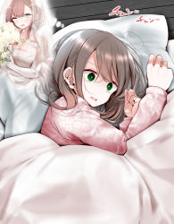 Rule 34 | 1girl, ;d, @ @, blanket, blush, bouquet, breasts, bridal veil, brown hair, cleavage, dress, drooling, elbow gloves, flower, from above, gloves, green eyes, heart, heart-shaped pupils, jewelry, long hair, lying, necklace, on bed, on side, one eye closed, oouso, open mouth, original, pajamas, pillow, ponytail, simple background, smile, symbol-shaped pupils, under covers, veil, wedding dress, white background, white gloves