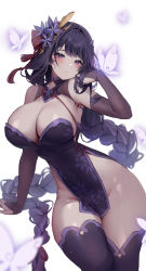 1girl bare_shoulders blush braid breasts cleavage closed_mouth dress duplicate flower genshin_impact hair_flower hair_ornament hand_in_own_hair hayan highres large_breasts long_hair looking_at_viewer low-braided_long_hair low-tied_long_hair mole mole_under_eye pixel-perfect_duplicate purple_dress purple_eyes purple_hair purple_thighhighs raiden_shogun solo thighhighs