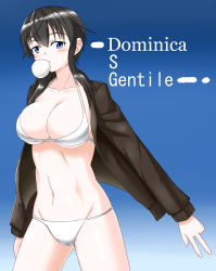 Rule 34 | 1girl, absurdres, bikini, bikini under clothes, black hair, blowing bubbles, blue eyes, bomber jacket, breasts, bubble, character name, cleavage, dominica s. gentile, groin, highres, hiroshi (hunter-of-kct), jacket, large breasts, navel, short hair, sidelocks, solo, strike witches, strike witches: kurenai no majo-tachi, swimsuit, swimsuit under clothes, thighs, white bikini, world witches series