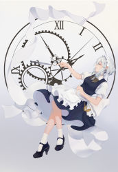 Rule 34 | 1girl, absurdres, apron, beige background, black footwear, blue dress, blue eyes, bow, braid, breasts, clock, closed mouth, commentary request, dress, earrings, fei mao, full body, gears, gradient background, green bow, grey background, high heels, highres, izayoi sakuya, jewelry, knife, maid, maid apron, maid headdress, mary janes, medium breasts, neck ribbon, parted lips, pocket watch, puffy short sleeves, puffy sleeves, revision, ribbon, roman numeral, shirt, shoes, short hair, short sleeves, side braids, silver hair, socks, solo, touhou, waist apron, watch, white socks, wing collar