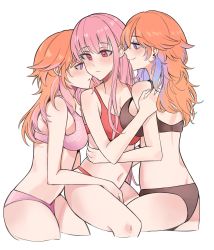 Rule 34 | 3girls, absurdres, amlichan, ass, black bra, black panties, blush, bra, breasts, earrings, feather earrings, feathers, gradient hair, group sex, highres, hololive, hololive english, jewelry, lingerie, long hair, mori calliope, multicolored hair, multiple girls, navel, orange hair, panties, pink hair, pink panties, takanashi kiara, threesome, underwear, underwear only, virtual youtuber, yuri
