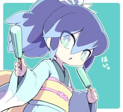 Rule 34 | 1girl, blue eyes, blue hair, border, bright pupils, fubukihime, haramaki, high ponytail, holding food, holding popsicle, japanese clothes, kimono, long hair, multicolored hair, nollety, open mouth, ponytail, popsicle, solo, traditional youkai, translation request, two-tone hair, white border, white pupils, wide sleeves, youkai watch, yuki onna