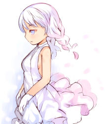 Rule 34 | 1girl, backless dress, backless outfit, blue hair, braid, breasts, dress, expressionless, from side, gloves, half-closed eyes, jitome, kurasuke, long hair, original, parted lips, sideboob, small breasts, solo, twin braids, white dress, white gloves, white hair