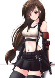 Rule 34 | 1girl, absurdres, belt, brown hair, earrings, final fantasy, final fantasy vii, final fantasy vii remake, gloves, highres, jewelry, long hair, looking to the side, midriff, navel, red eyes, sawwei005, shirt, simple background, skirt, solo, sports bra, thighhighs, tifa lockhart, white background, white shirt
