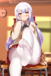 Rule 34 | 1girl, absurdres, ahoge, blush, classroom, desk, feet, foot focus, gabriel dropout, hair ornament, hairclip, hand on own cheek, hand on own face, highres, long hair, looking at viewer, pantyhose, parted lips, purple hair, raphiel shiraha ainsworth, sitting, soles, solo, toes, white pantyhose, yellow eyes