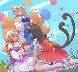 Rule 34 | 3girls, ?, absurdres, animal ear fluff, animal ears, animal hat, apple, arm support, bad food, balloon, basket, bird, black eyes, black hair, black ribbon, blanket, blonde hair, blue tabard, blush, bottle, bow, bowl, bread, bug, cat ears, cat tail, chen, closed mouth, cloud, collar, commentary, day, dress, flower, food, forked tail, fox tail, frilled collar, frilled dress, frilled sleeves, frills, fruit, grass, hair bow, hair ribbon, hat, hat ribbon, highres, holding, holding bowl, holding food, insect, kneehighs, kneeling, ladybug, layered dress, lips, long hair, long sleeves, looking at another, mamayu, medium hair, mob cap, mountain, multiple girls, multiple tails, no headwear, outdoors, own hands together, picnic, picnic basket, mob cap, pink flower, puffy short sleeves, puffy sleeves, purple dress, purple eyes, red bow, red dress, red ribbon, ribbon, seiza, short sleeves, sitting, sky, slit pupils, socks, sparkle, spoken question mark, standing, tabard, tail, tail bow, tail ornament, touhou, white collar, white dress, white headwear, white socks, wide sleeves, yakumo ran, yakumo yukari, yellow bow, yellow eyes