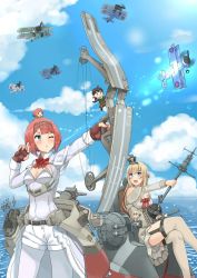 Rule 34 | 6+girls, aircraft, airplane, ark royal (kancolle), arrow (projectile), bad id, bad pixiv id, bare shoulders, biplane, blonde hair, blue eyes, blunt bangs, bob cut, bow (weapon), braid, brown gloves, cannon, cleavage cutout, clothing cutout, cloud, commentary request, corset, crossed legs, crown, day, dress, fairey swordfish, fairy (kancolle), fingerless gloves, flight deck, flower, french braid, garter straps, globus cruciger, gloves, highres, holding, holding bow (weapon), holding weapon, jewelry, kantai collection, long hair, long sleeves, machinery, mini crown, mini person, minigirl, multiple girls, necklace, ocean, off-shoulder dress, off shoulder, one eye closed, osananajimi neko, outdoors, pantyhose, quiver, red flower, red hair, red ribbon, red rose, revision, ribbon, rigging, rose, scepter, short hair, shorts, size difference, sky, thighhighs, throne, tiara, turret, warspite (kancolle), weapon, white corset, white dress, white legwear, white shorts