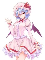 Rule 34 | 1girl, absurdres, bat wings, blue hair, bow, bowtie, breasts, center frills, closed mouth, commentary, cowboy shot, dated commentary, dress, frilled shirt, frilled shirt collar, frilled skirt, frills, hair between eyes, hand up, hat, hat ribbon, highres, juliet sleeves, junior27016, long sleeves, looking at viewer, looking to the side, medium breasts, mob cap, petticoat, pink dress, pink hat, pink shirt, pink skirt, pointy ears, puffy sleeves, red bow, red bowtie, red eyes, red ribbon, remilia scarlet, ribbon, shirt, short hair, simple background, sketch, skirt, smile, solo, touhou, white background, wings, ||/