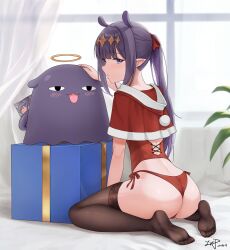 Rule 34 | 1girl, absurdres, ass, bikini, black thighhighs, blunt bangs, box, christmas, corset, curtains, feet, foot out of frame, from behind, gift, gift box, hair ribbon, halo, hand on another&#039;s head, highres, holding, holding photo, hololive, hololive english, hood, hood down, hoodie, legs, long hair, looking at viewer, looking back, ninomae ina&#039;nis, no shoes, parted lips, photo (object), pointy ears, ponytail, purple eyes, purple hair, red corset, red ribbon, ribbon, santa bikini, santa costume, side-tie bikini bottom, sidelocks, sitting, soles, solo, swimsuit, takodachi (ninomae ina&#039;nis), thighhighs, thong, toes, virtual youtuber, wariza, window, zeng$ (zwj)