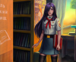 Rule 34 | 1girl, absurdres, belt, black thighhighs, blue skirt, book, bookshelf, breast pocket, burn scar, commentary, commission, cowboy shot, crossover, curtains, english commentary, everlasting summer, hair over one eye, highres, holding, holding book, honeybunny-art, huge filesize, ikezawa hanako, indoors, katawa shoujo, library, long hair, looking at viewer, neckerchief, parted lips, pioneer (brand), pioneer movement, pioneer neckerchief, pioneer tie, pocket, poster (object), purple eyes, purple hair, red neckerchief, russian text, scar, shirt, short sleeves, skirt, solo, thighhighs, white shirt, window, zettai ryouiki