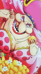 Rule 34 | 1girl, absurdres, big mom, charlotte linlin, creepy, dated, dessert, dress, eating, food, hat, highres, looking at viewer, old, old woman, one piece, open mouth, pink hair, scan, smile