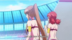 Rule 34 | 10s, 3girls, animated, animated gif, aoba kazane, ass, ass-to-ass, ass press, ass shake, brown hair, butt crack, fire, green hair, higuchi kei, hip attack, keijo!!!!!!!!, lowres, multiple girls, red hair, subtitled, swimsuit, toyoguchi non, whale tail (clothing), what