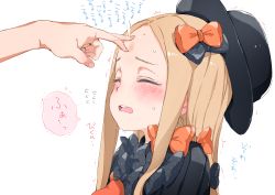Rule 34 | 1girl, abigail williams (fate), afterimage, black bow, black dress, black headwear, blonde hair, blush, bow, closed eyes, commentary request, dress, fate/grand order, fate (series), flick, flying sweatdrops, forehead, forehead flick, gomennasai, hair bow, hat, long hair, multiple bows, open mouth, orange bow, out of frame, parted bangs, polka dot, polka dot bow, simple background, solo focus, stuffed animal, stuffed toy, sweat, teddy bear, teeth, tickling, tickling face, translation request, trembling, upper body, upper teeth only, wavy mouth, white background