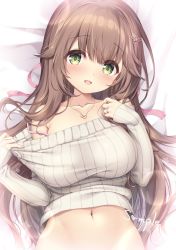 Rule 34 | 1girl, bare shoulders, blush, borrowed character, bottomless, bra strap, breasts, brown hair, clothes lift, clothes pull, green eyes, hair ornament, hairclip, heart, heart hair ornament, jewelry, large breasts, long hair, midriff, mikagami mamizu, navel, necklace, off-shoulder sweater, off shoulder, open mouth, original, ring, sample watermark, smile, solo, sweater, sweater lift, sweater pull, upper body, very long hair, watermark, white sweater