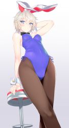 Rule 34 | 10s, 1girl, anastasia (idolmaster), animal ears, arm support, arm up, bad id, bad pixiv id, bare arms, bare shoulders, breasts, brown pantyhose, detached collar, fake animal ears, from below, gradient background, highres, idolmaster, idolmaster cinderella girls, kanna kanaki, leotard, looking at viewer, pantyhose, playboy bunny, rabbit ears, short hair, silver hair, small breasts, solo, wrist cuffs