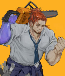 Rule 34 | 1boy, bags under eyes, bara, blue necktie, boogeyman (housamo), brown hair, chainsaw, clothes around waist, colored skin, facial hair, goatee, holding, holding chainsaw, jacket, jacket around waist, male focus, mature male, minakatashee (minakata), multicolored hair, muscular, muscular male, necktie, ponytail, purple skin, red eyes, scar, scar on face, shirt, sideburns, simple background, solo, tokyo houkago summoners, two-tone hair, white shirt, yellow background