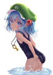 Rule 34 | 1girl, ass, bananannu, black one-piece swimsuit, blue eyes, blue hair, closed mouth, cowboy shot, flat cap, from side, green hat, hair bobbles, hair ornament, hat, highres, jewelry, kawashiro nitori, key, looking at viewer, one-piece swimsuit, partially submerged, pendant, school swimsuit, short hair, simple background, solo, standing, swimsuit, tan, touhou, two side up, wet, white background