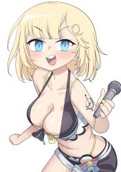 Rule 34 | 1girl, blonde hair, blue eyes, blush, bow, breasts, cleavage, hair ornament, highres, holding, holding microphone, hololive, hololive english, large breasts, looking at viewer, microphone, mole, mole on breast, open mouth, short hair, shorts, simple background, smile, solo, standing, tattoo, virtual youtuber, watson amelia, white background, yellow nails, zedd (zedgawr)