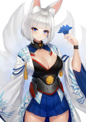 Rule 34 | 1girl, animal ears, artnohearts, azur lane, blue eyes, blue skirt, blunt bangs, blush, breasts, cleavage, collarbone, fox ears, fox tail, hakama, hakama short skirt, hakama skirt, hand up, head tilt, japanese clothes, kaga (azur lane), kimono, large breasts, long sleeves, looking at viewer, multiple tails, parted lips, pleated skirt, short hair, simple background, skirt, smile, solo, standing, tail, white background, white hair, wide sleeves