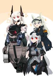 Rule 34 | 1boy, 3girls, :d, arknights, armband, ascot, bare shoulders, big bob (arknights), black choker, black gloves, black headwear, black jacket, breasts, carrying, choker, cleavage, closed eyes, clothing cutout, commentary, crop top, earrings, gloves, grani (arknights), grey gloves, grey hair, hair between eyes, hands on another&#039;s head, hat, helmet, highres, horns, jacket, jewelry, large breasts, long hair, looking at another, material growth, mudrock (arknights), mudrock (elite ii) (arknights), multiple girls, odmised, open mouth, oripathy lesion (arknights), piggyback, pointy ears, red eyes, skadi (arknights), smile, sports bra, thigh cutout, very long hair, visor, visor lift