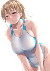 Rule 34 | 1girl, :d, blue eyes, blush, breasts, brown hair, competition swimsuit, highres, intrepid (kancolle), kantai collection, large breasts, leaning forward, light brown hair, looking at viewer, multicolored clothes, multicolored swimsuit, one-piece swimsuit, open mouth, ponytail, simple background, smile, swimsuit, takomeshi, white one-piece swimsuit