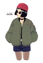 Rule 34 | 1girl, beanie, black eyes, black shirt, blue shorts, bob cut, character name, closed mouth, cropped legs, green jacket, hands in pockets, hat, jacket, leon the professional, long sleeves, looking to the side, mathilda lando, midriff peek, nemo brand, open clothes, open jacket, pendant choker, red hat, round eyewear, shirt, short hair, short shorts, shorts, simple background, solo, standing, sunglasses