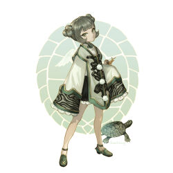 Rule 34 | 1girl, angel wings, animal, animal on hand, artist name, black skirt, chinese clothes, collared shirt, creature and personification, double bun, frilled sleeves, frills, full body, green eyes, green footwear, green hair, grey hair, hair bun, highres, legs apart, looking at viewer, miniskirt, original, personification, pom pom (clothes), shirt, shoes, sidelocks, signature, skirt, sleeves past fingers, sleeves past wrists, standing, tabard, tarantulaines, toggles, tortoise, transparent wings, turtle, updo, white shirt, white wings, wide sleeves, wings
