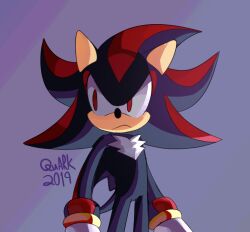 Rule 34 | 1boy, 2019, furry, furry male, gloves, looking to the side, male focus, purple background, quark196, red eyes, shadow the hedgehog, signature, simple background, solo, sonic (series), white fur, white gloves