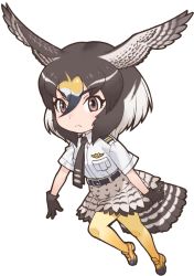 Rule 34 | 1girl, animal costume, belt, bird girl, bird tail, bird wings, black eyes, closed mouth, gloves, highres, kemono friends, kneehighs, looking at viewer, multicolored hair, necktie, official art, peregrine falcon (kemono friends), shirt, shoes, short hair, simple background, skirt, socks, solo, tachi-e, tail, white background, wings, yoshizaki mine