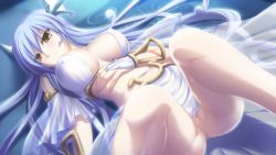 Rule 34 | 1girl, blue hair, breasts, bridal gauntlets, censored, closed mouth, clothes lift, covered erect nipples, detached sleeves, game cg, hair between eyes, hatozuki tsumiki, ikusa megami verita, large breasts, long hair, looking to the side, lying, midriff, mosaic censoring, navel, on back, pussy, short sleeves, skirt, skirt lift, solo, stomach, very long hair, water miko (ikusa megami verita), white skirt, white sleeves, yellow eyes