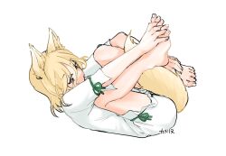 Rule 34 | animal ears, barefoot, blonde hair, commentary request, fox ears, fox girl, fox tail, full body, green ribbon, highres, kudamaki tsukasa, ribbon, romper, short sleeves, simple background, tail, toenails, touhou, white background, white romper, yellow eyes, yellow tail