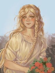 Rule 34 | 1boy, blonde hair, blue sky, blush, bouquet, braid, closed mouth, collarbone, commentary, dress, elden ring, english commentary, eyelashes, flower, holding, holding bouquet, long hair, looking to the side, miquella (elden ring), outdoors, portrait, robe, side braid, sky, trap, white robe, white tunic, yellow eyes, yujia0412