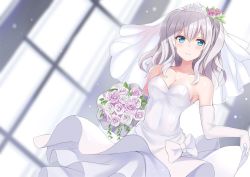 Rule 34 | 10s, 1girl, bare shoulders, blue eyes, blush, bouquet, breasts, bridal veil, bride, cleavage, commentary request, dress, elbow gloves, flower, gloves, hair flower, hair ornament, jewelry, kantai collection, kashima (kancolle), long hair, looking at viewer, nagiha kuten, sidelocks, silver hair, smile, solo, strapless, strapless dress, tiara, tsurime, twintails, veil, wavy hair, wedding dress, white dress, white gloves