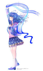 Rule 34 | 1girl, ahoge, alive musix, arm up, blue hair, blue skirt, collared shirt, hair between eyes, heart, heart ahoge, highres, hood, hood down, hooded jacket, ittokyu, jacket, loafers, long hair, long sleeves, mair (alive musix), multicolored hair, neck ribbon, official art, open clothes, open jacket, pink shirt, plaid, plaid skirt, pleated skirt, profile, purple footwear, purple jacket, red eyes, ribbon, shirt, shoes, simple background, skirt, sleeves past wrists, socks, solo, standing, standing on one leg, streaked hair, virtual youtuber, white background, white socks, yellow ribbon