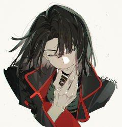 Rule 34 | 1boy, 2021, ;), black coat, black hair, braid, chinese clothes, chinese commentary, close-up, closed mouth, coat, dated, fate/grand order, fate (series), grey eyes, half-closed eyes, hand on own chin, high collar, kurone0617, long hair, long sleeves, looking at viewer, male focus, one eye closed, portrait, smile, solo, stroking own chin, tai gong wang (fate)