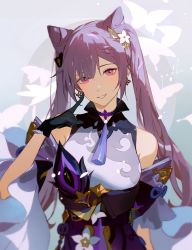Rule 34 | 1girl, :d, choker, commentary request, detached sleeves, genshin impact, hair between eyes, hair ornament, index finger raised, keqing (genshin impact), long hair, looking at viewer, open mouth, pointing, pointing at self, purple eyes, purple hair, sidelocks, simple background, smile, solo, twintails, wide sleeves, yueko (jiayue wu)