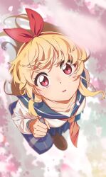 Rule 34 | 1girl, :o, aikatsu!, aikatsu! (series), bag, blonde hair, bow, bow hairband, brown footwear, cherry blossoms, floating hair, from above, hair bow, hairband, hashtag-only commentary, highres, holding, holding bag, hoshimiya ichigo, long hair, long sleeves, looking at viewer, looking up, necktie, open mouth, outdoors, perspective, red bow, red hairband, red necktie, sailor collar, school uniform, semham, shirt, shoes, shoulder bag, solo, standing, tareme, white shirt
