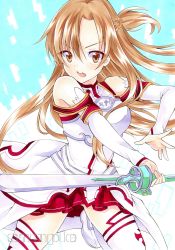 Rule 34 | 1girl, absurdres, armor, asuna (sao), bad id, bad pixiv id, braid, braided ponytail, breastplate, brown hair, cape, detached sleeves, floating hair, hair between eyes, highres, holding, holding sword, holding weapon, long hair, long sleeves, looking at viewer, marker (medium), miniskirt, open mouth, pleated skirt, ponytail, red skirt, sample watermark, skirt, solo, standing, standing on one leg, sword, sword art online, thighhighs, traditional media, very long hair, waist cape, watermark, weapon, white cape, white sleeves, white thighhighs, yuiki (cube), zettai ryouiki
