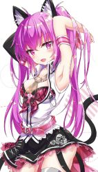Rule 34 | 1girl, :d, ahoge, animal ear fluff, animal ears, arm warmers, armband, armpits, arms up, bare shoulders, bead necklace, beads, beatmania, beatmania iidx, belt, black skirt, bra, breasts, buttons, cat ears, cat girl, cat tail, chain, cleavage, collared shirt, commentary request, fang, front-tie top, heart, highres, jewelry, long hair, looking at viewer, medium breasts, miniskirt, mizushiro celica, necklace, necktie, open mouth, pink bra, plaid, plaid bra, purple eyes, purple hair, see-through, shirt, short necktie, single arm warmer, skirt, sleeveless, sleeveless shirt, smile, solo, tail, thighhighs, twintails, underwear, white shirt, yukine, zettai ryouiki