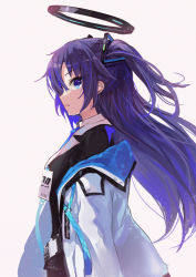 Rule 34 | 1girl, black jacket, black suit, blue archive, blue eyes, blue hair, blue necktie, breasts, closed mouth, coat, collared shirt, cowboy shot, expressionless, formal, from side, grey background, hair between eyes, halo, jacket, long hair, looking at viewer, makihitsuji, medium breasts, necktie, off shoulder, open clothes, open coat, profile, shirt, simple background, solo, suit, two side up, unfinished, white coat, white shirt, wing collar, yuuka (blue archive)
